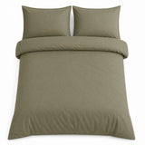 Overhead flat lay of the Cassia Khaki cotton duvet cover set with two matching pillows
