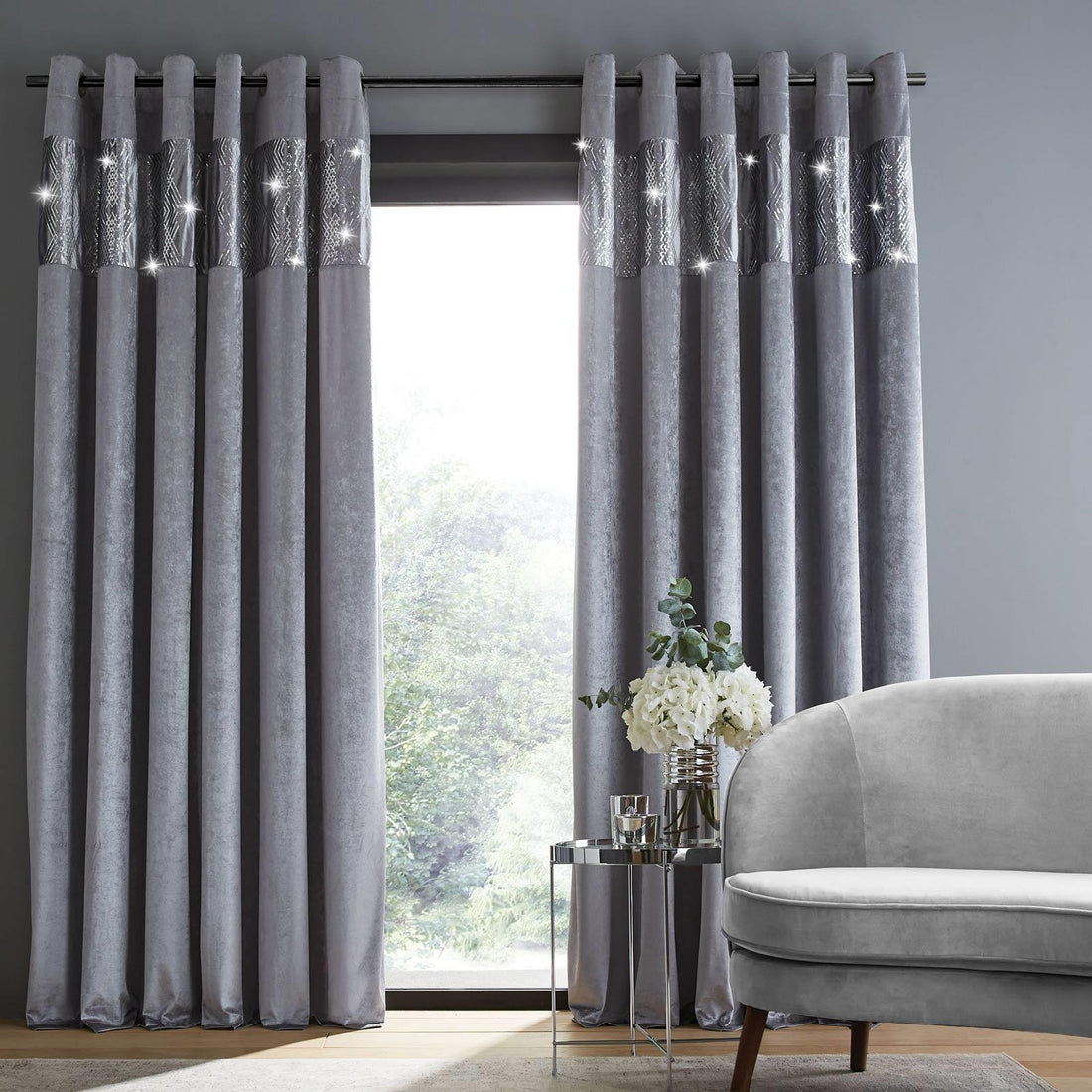 Catherine Lansfield Glamour Sequin Crushed Velvet Eyelet Curtains