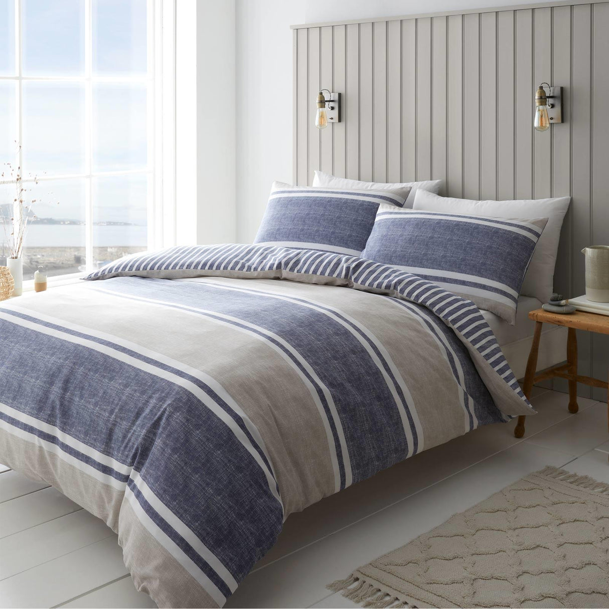 Catherine Lansfield Textured Banded Stripe Blue and Grey Duvet Cover Set - Blue