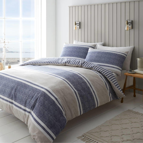 Catherine Lansfield Textured Banded Stripe Blue and Grey Duvet Cover Set - Blue