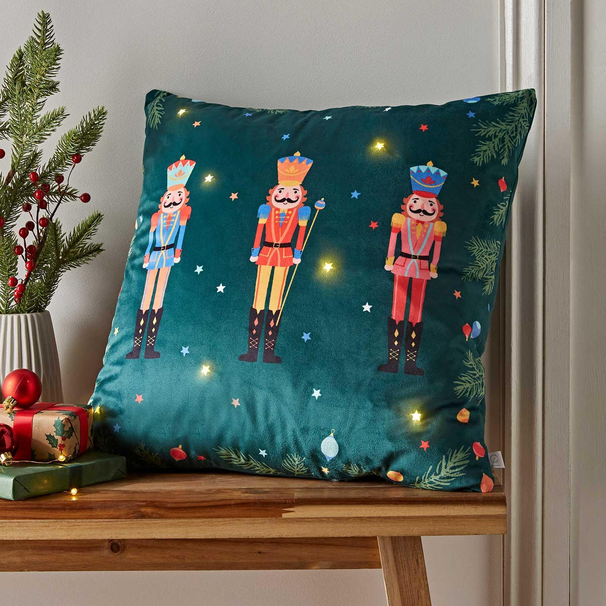 LED Christmas Cushion – Wooden Soldiers, Deep Green 45cm UK