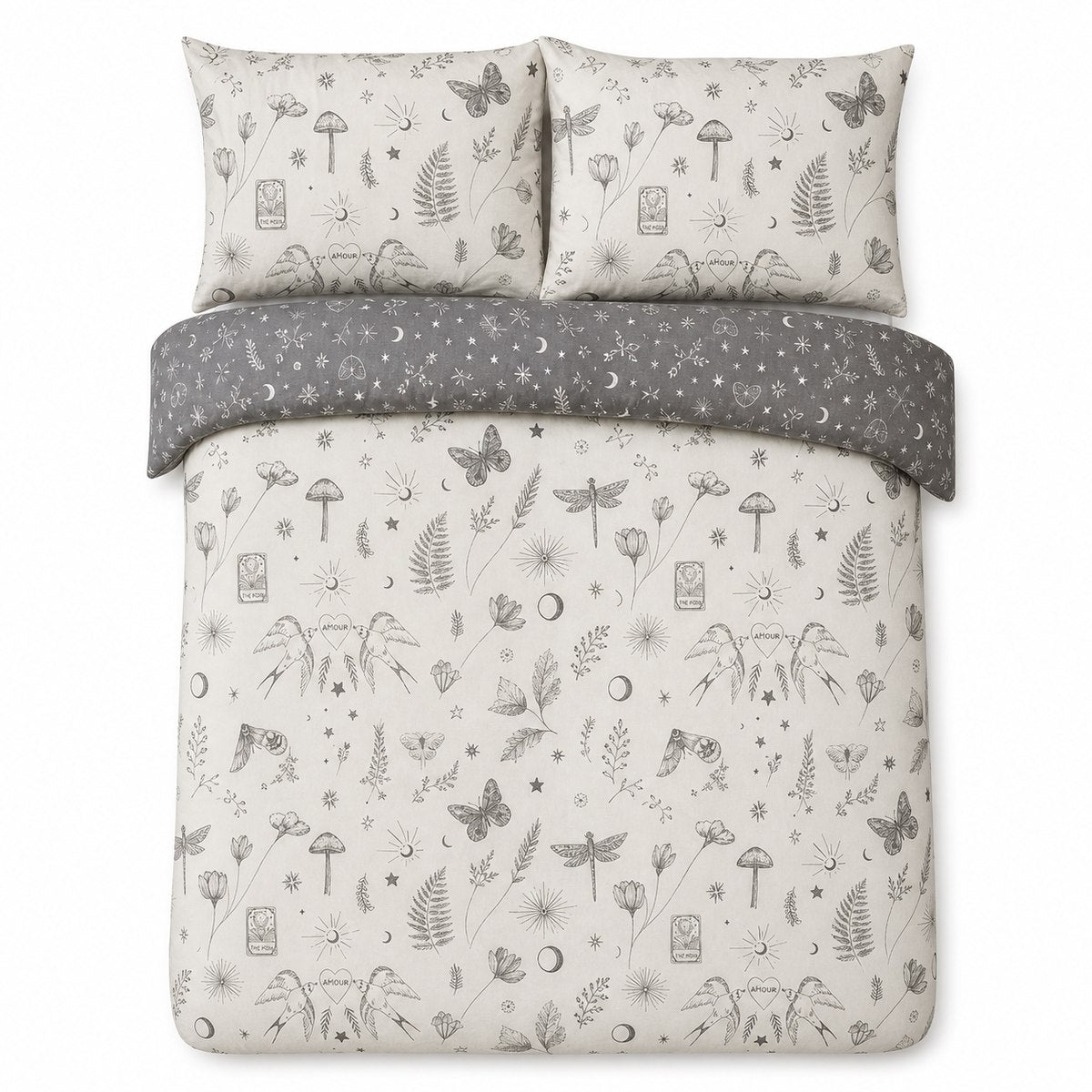 Overhead flat lay of the Celeste Polycotton Duvet Cover Set in grey with two matching pillowcases