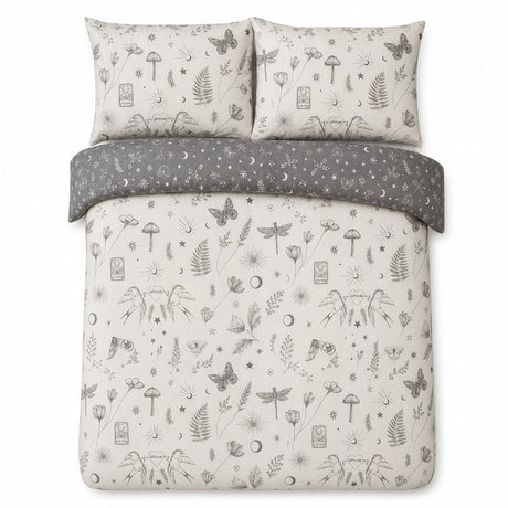 Overhead flat lay of the Celeste Polycotton Duvet Cover Set in grey with two matching pillowcases