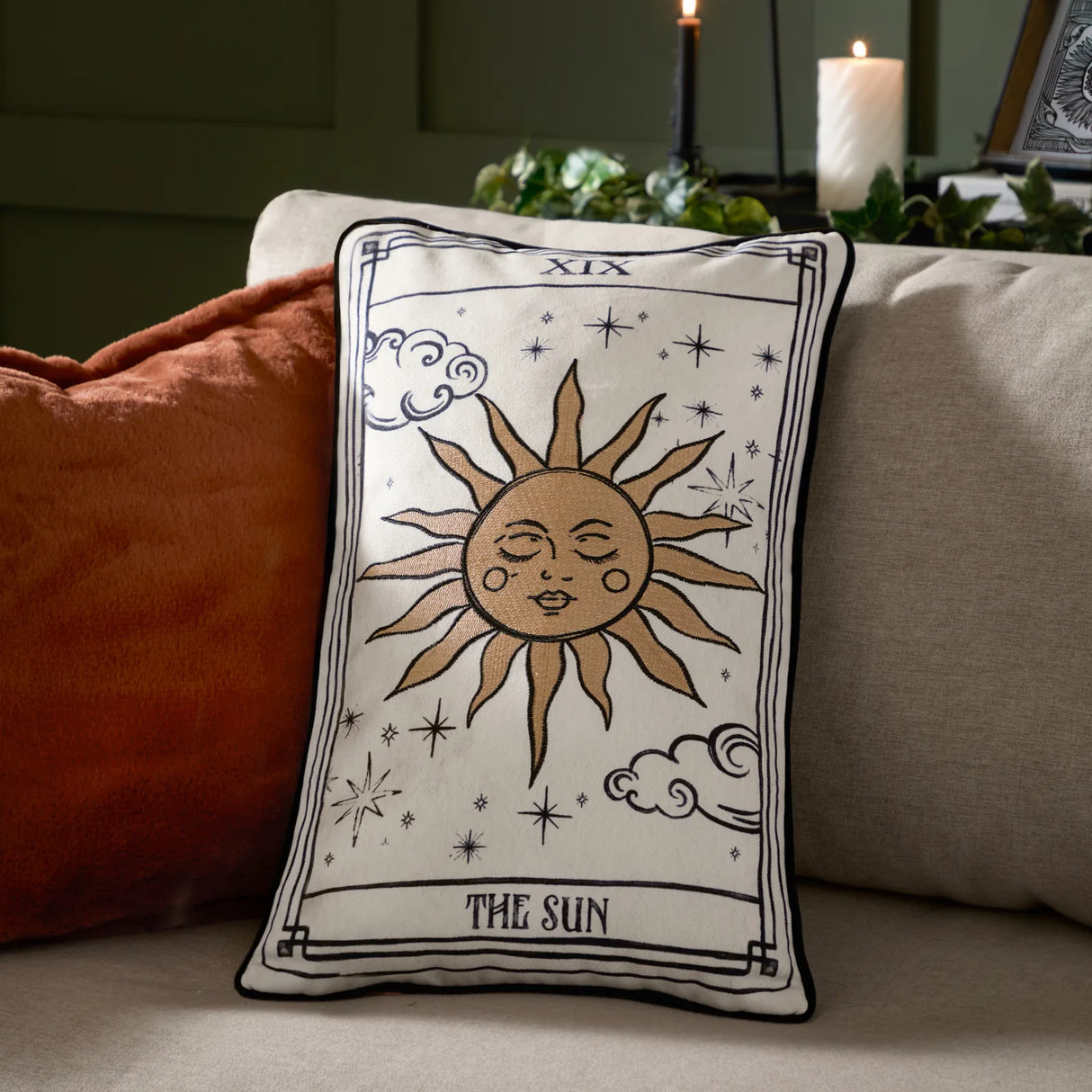 Celestial Stories Embroidered Velvet Cushion Cover Linen/Black 30 x 50cm - image 1
