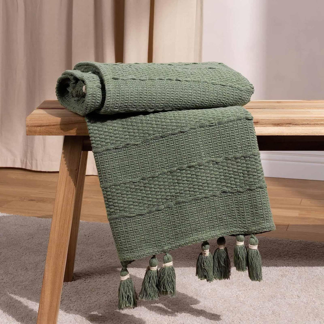 Caliche Textured Tasselled Khaki 100% Cotton Throw Blanket