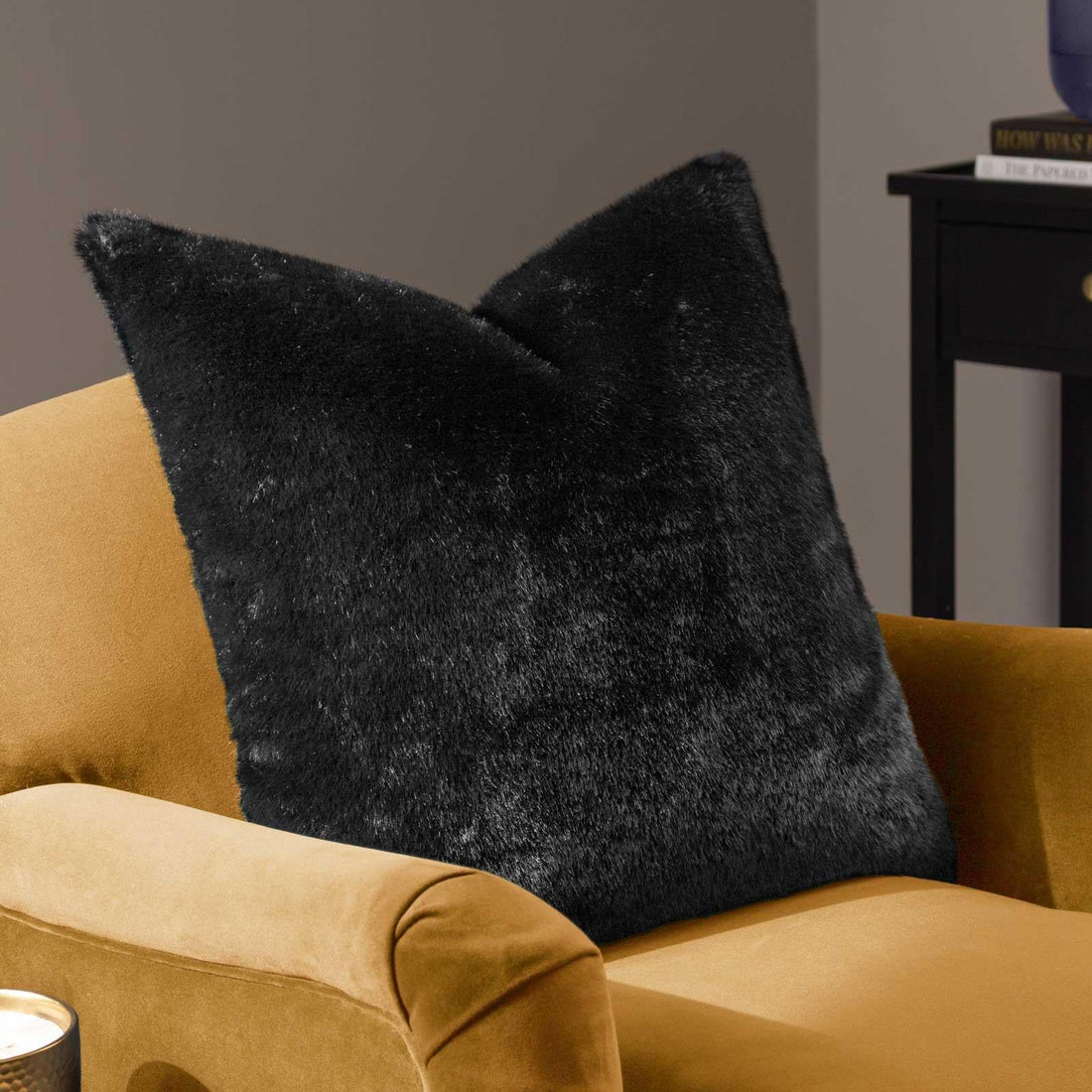 Stanza Faux Fur Velvet Jet Cushion Cover 55cm x 55cm