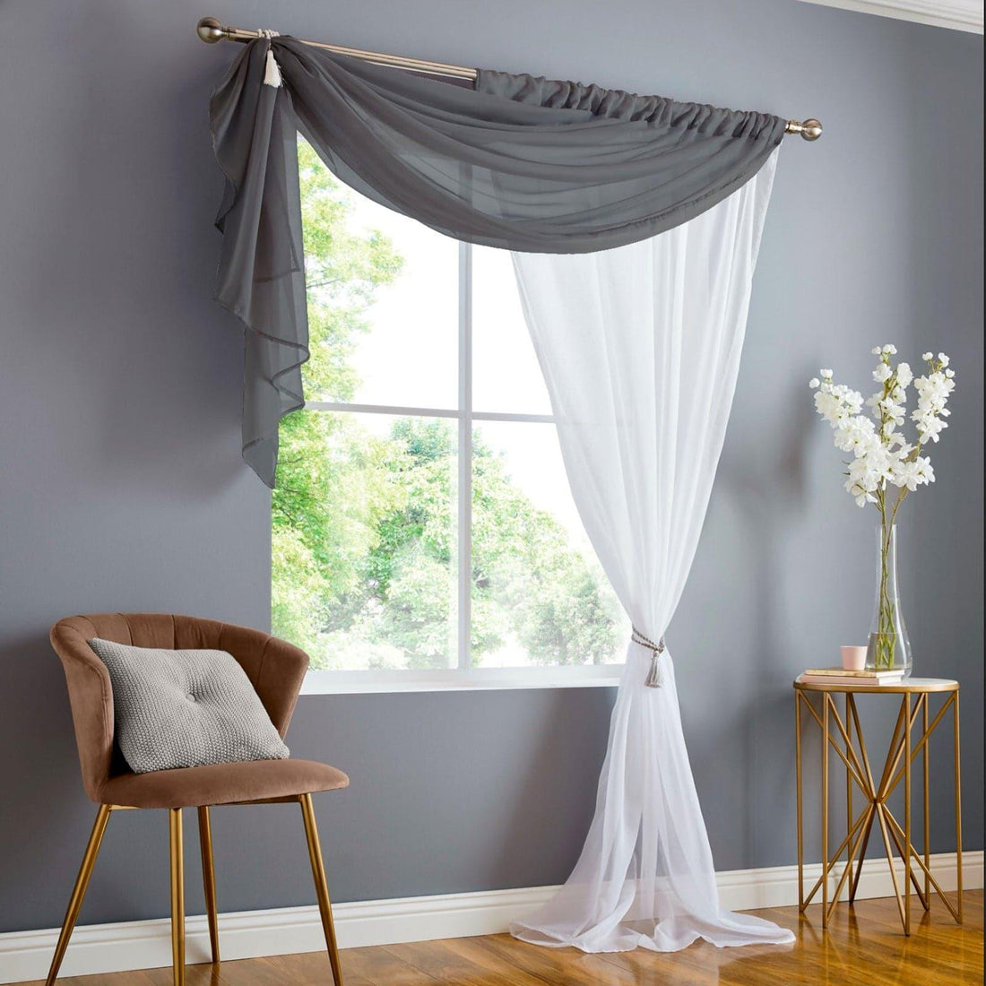 Double Display Sheer Charcoal Voile Curtains Panel