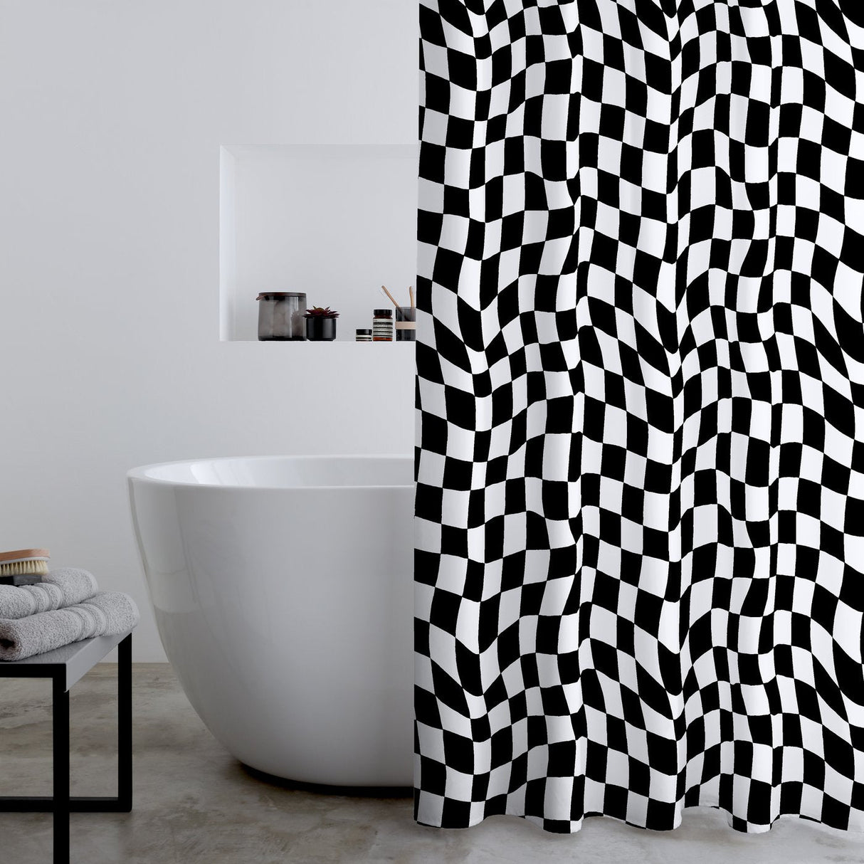 Catherine Lansfield Checkerboard 180x180cm Shower Curtain Panel Black White Black / White