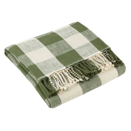 Chesil Check Woven Tasselled Moss 100% Cotton Throw Blanket 130cm x 170cm - additional product view 3