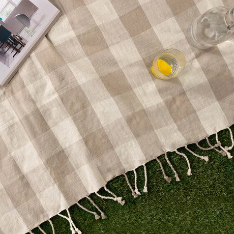 Chesil Check Woven Tasselled Natural 100% Cotton Throw Blanket 130cm x 170cm - additional product view 2