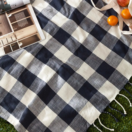 Chesil Check Woven Tasselled Navy 100% Cotton Throw Blanket 130cm x 170cm - additional product view 1