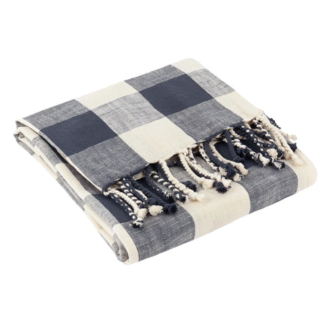 Chesil Check Woven Tasselled Navy 100% Cotton Throw Blanket 130cm x 170cm - additional product view 3