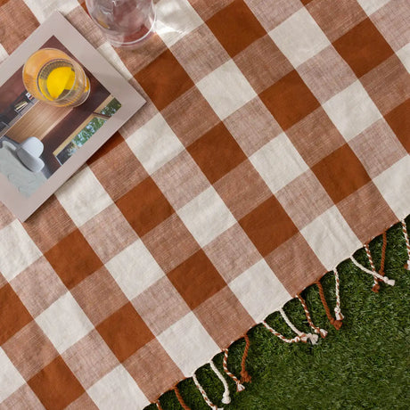 Chesil Check Woven Tasselled Pecan 100% Cotton Throw Blanket 130cm x 170cm - additional product view 2