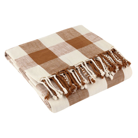 Chesil Check Woven Tasselled Pecan 100% Cotton Throw Blanket 130cm x 170cm - additional product view 3
