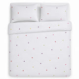 Overhead flat lay of the Chester Kids 100% Cotton Duvet Cover Set in multi with two matching pillowcases