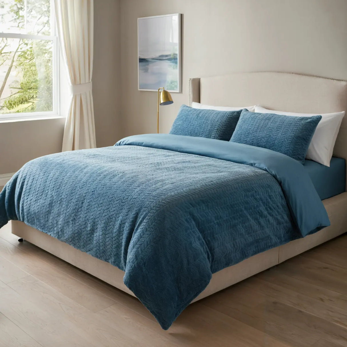 Chevron Teddy Steel Blue Fleece Duvet Cover Bedding Set