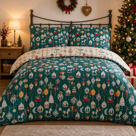 Christmas Ornaments Polycotton Duvet Cover Set in green styled on a coordinated bedroom bed