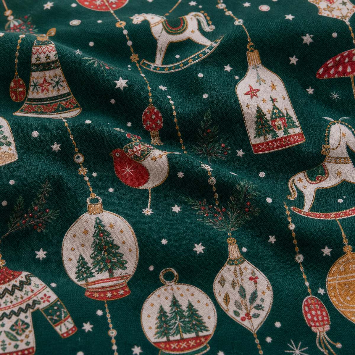 Macro close-up of the green fabric on the Christmas Ornaments Polycotton Duvet Cover Set