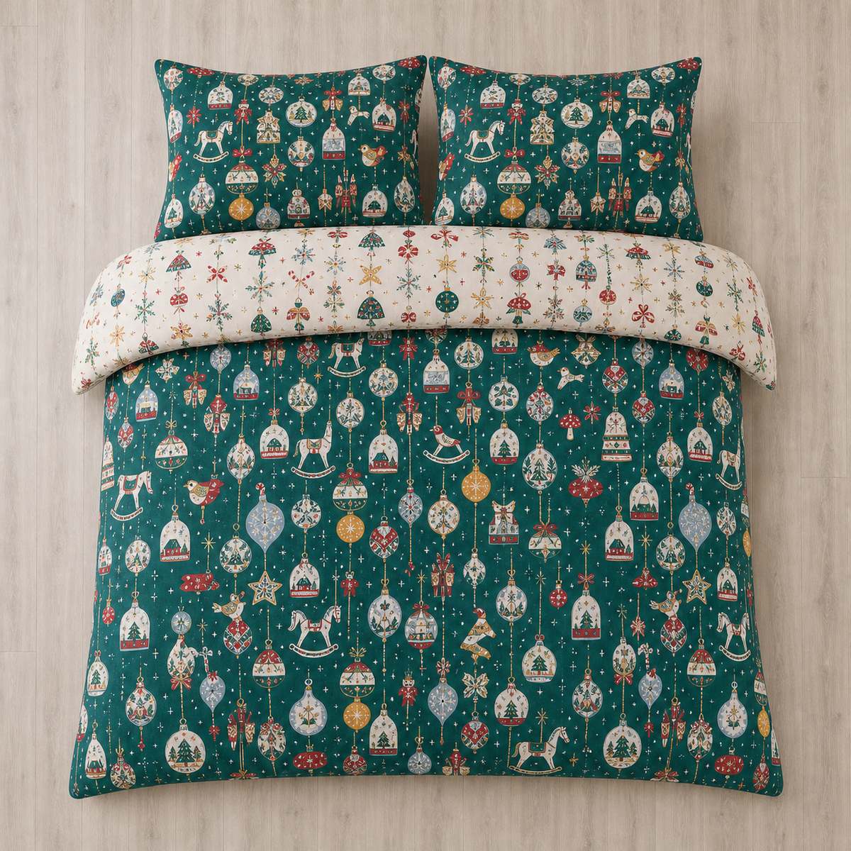 Overhead flat lay of the Christmas Ornaments Polycotton Duvet Cover Set in green with two matching pillowcases