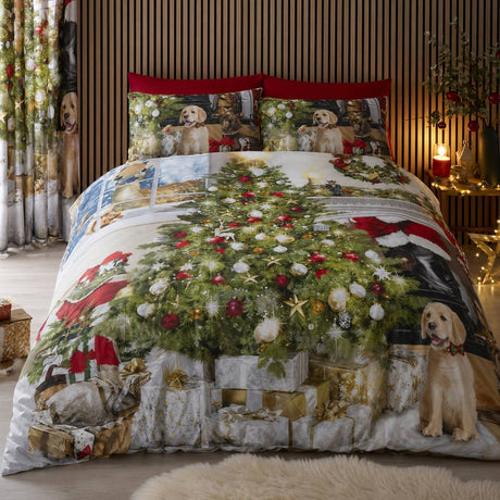 Christmas Tree Polycotton Festive Duvet Cover Set styled on a bed in a coordinated bedroom lifestyle scene