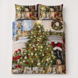 Overhead flat lay of the Christmas Tree Polycotton Festive Duvet Cover Set with two matching pillowcases