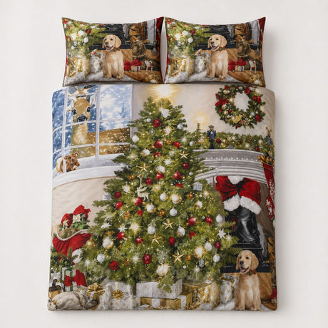 Overhead flat lay of the Christmas Tree Polycotton Festive Duvet Cover Set with two matching pillowcases