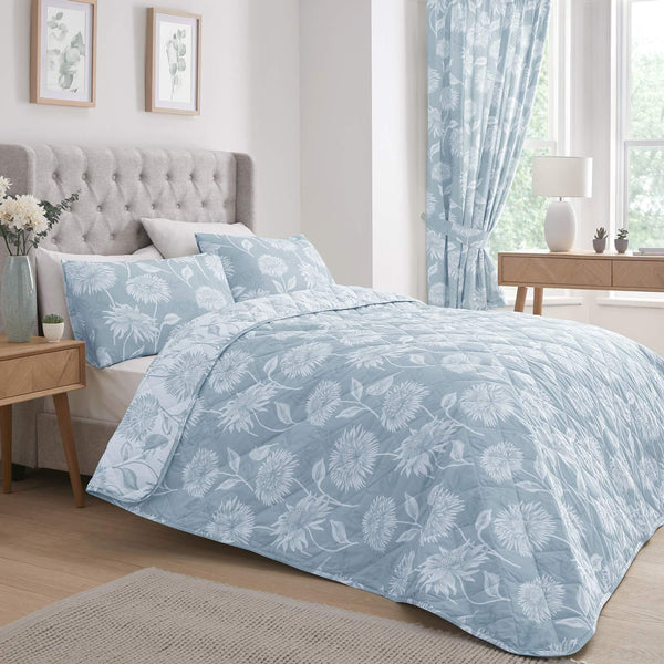 Chrysanthemum Quilted Bedspread Blue - Ideal