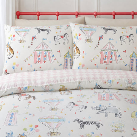 Close-up of Circus Time Kids Microfibre Duvet Cover Set in multi pillowcases showing the print and fabric detail