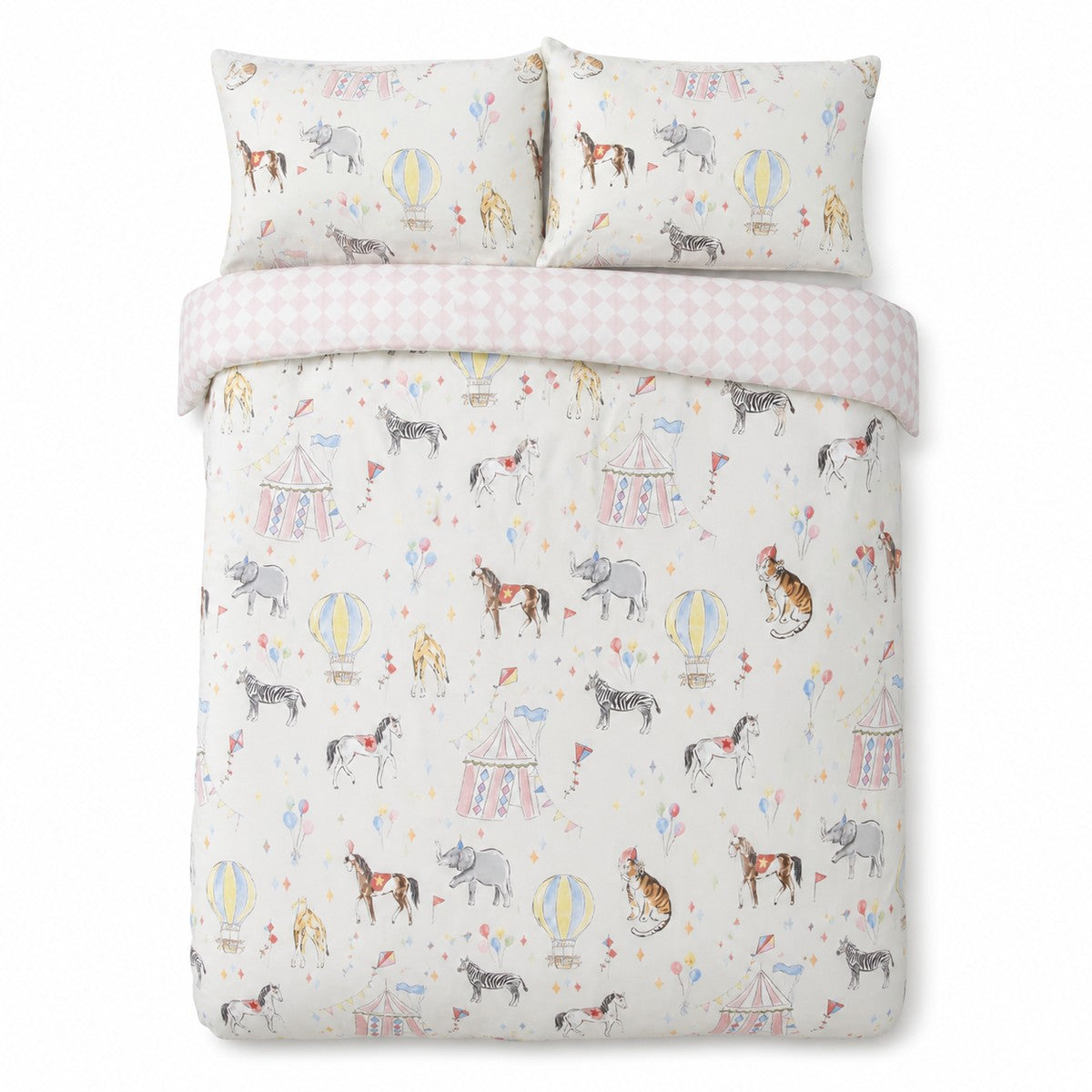 Overhead flat lay of the Circus Time Kids Microfibre Duvet Cover Set in multi with two matching pillowcases
