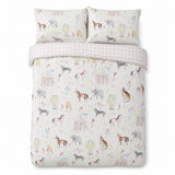 Overhead flat lay of the Circus Time Kids Microfibre Duvet Cover Set in multi with two matching pillowcases