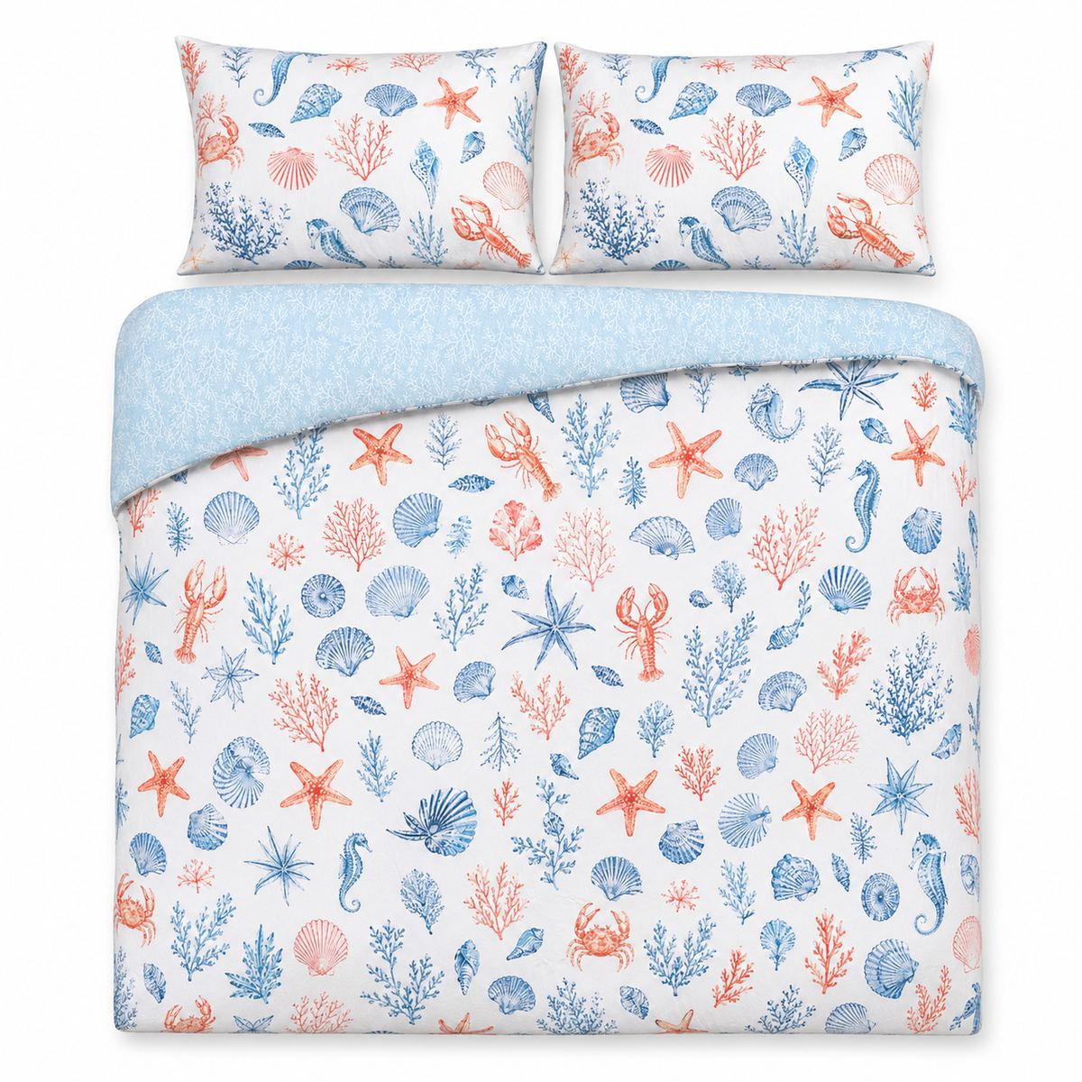 Overhead flat lay of the Coastal Bay reversible duvet cover set with two matching pillows