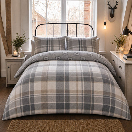 Colville Check grey brushed cotton flannelette duvet cover set styled on a cosy bedroom bed