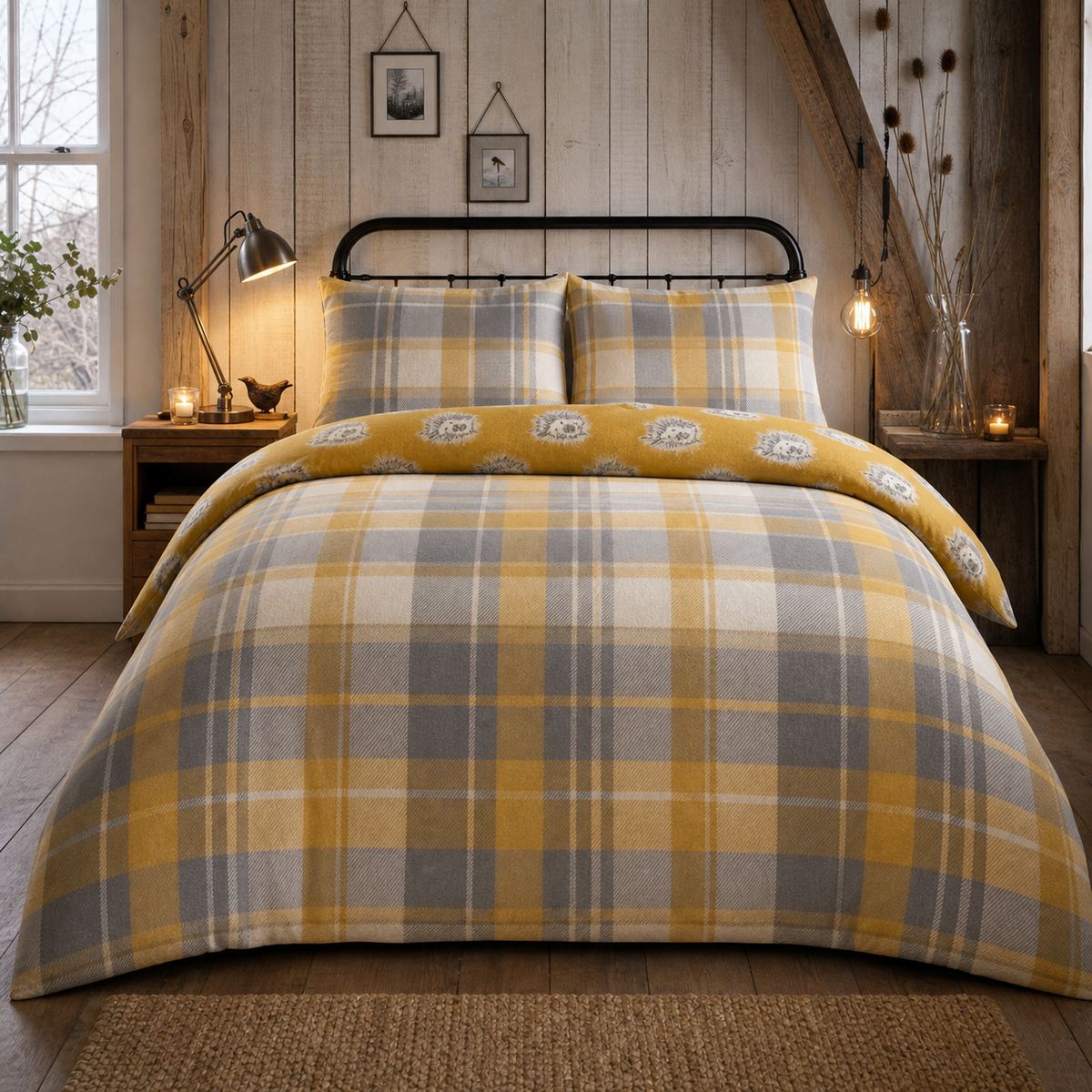 Colville Check ochre brushed cotton flannelette duvet cover set styled on a cosy bedroom bed