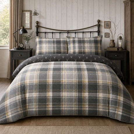 Connolly charcoal check brushed cotton flannelette duvet cover set styled on a cosy bedroom bed