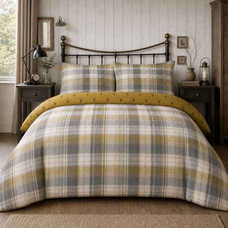 Connolly ochre check brushed cotton flannelette duvet cover set styled on a cosy bedroom bed