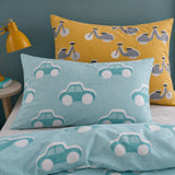 Close-up of matching Cool Cars Reversible Kids Single Duvet Cover Set pillowcases showing the pattern and fabric detail