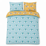 Overhead flat lay of the Cool Cars Reversible Kids Single Duvet Cover Set with two matching pillowcases