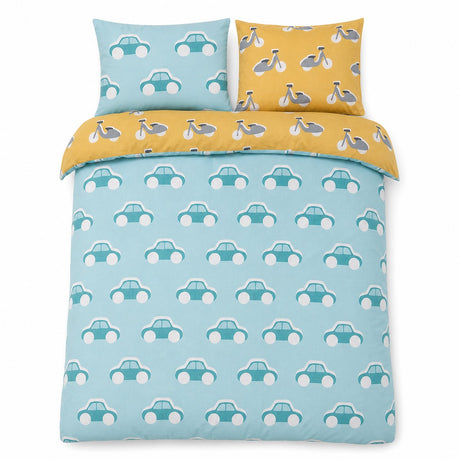 Overhead flat lay of the Cool Cars Reversible Kids Single Duvet Cover Set with two matching pillowcases
