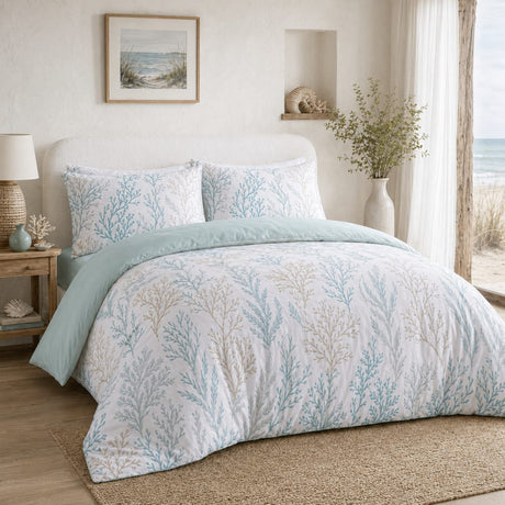 Cora sea foam recycled polyester duvet cover set styled on a calm coastal bedroom bed