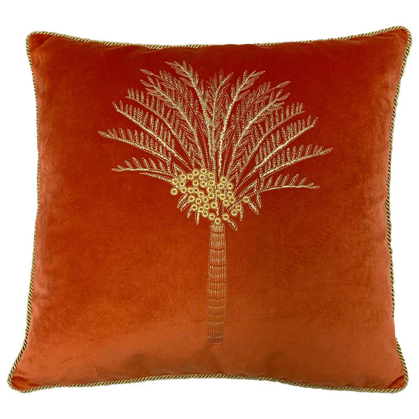Desert Palm Embroidered Velvet Cushion Cover Coral