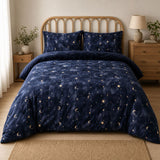 Cosmic Star Cosy Microfibre Duvet Cover Set in navy styled on a coordinated bedroom bed