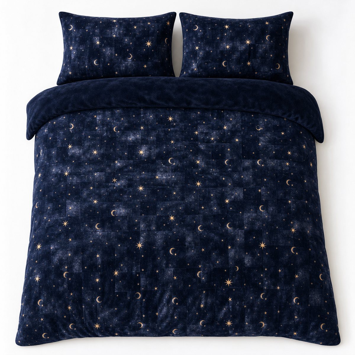 Overhead flat lay of the Cosmic Star Cosy Microfibre Duvet Cover Set in navy with two matching pillowcases