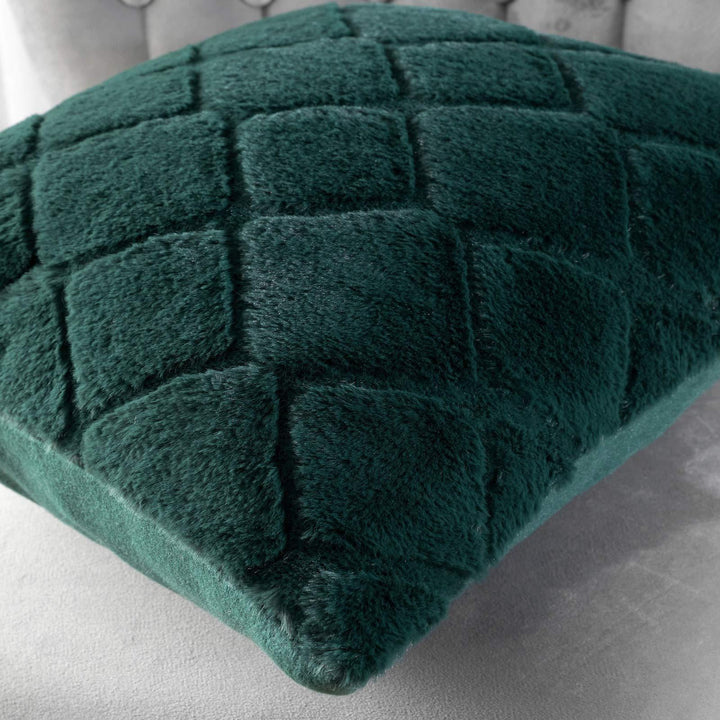 Cosy Diamond Faux Fur Bottle Green Cushion Cover 17" x 17" - Ideal