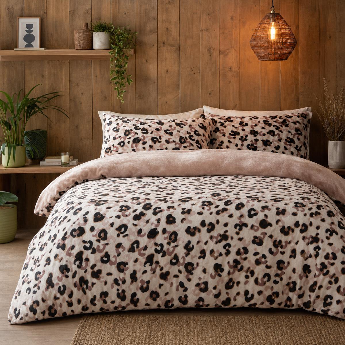 Cosy Leopard Microfibre Duvet Cover Set in natural styled on a coordinated bedroom bed