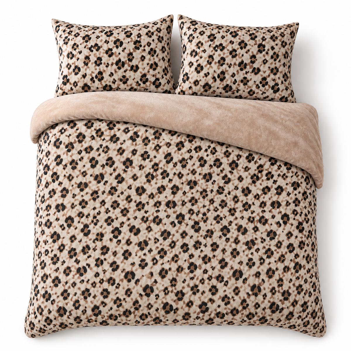 Overhead flat lay of the Cosy Leopard Microfibre Duvet Cover Set in natural with two matching pillowcases