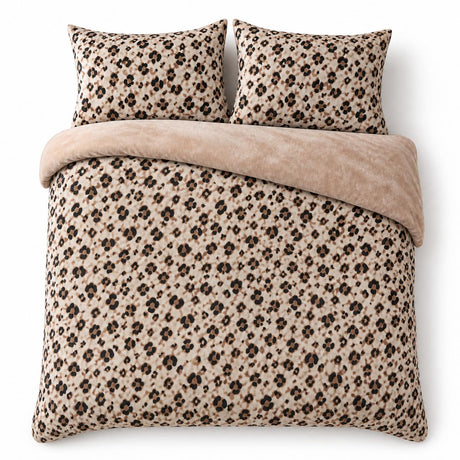 Overhead flat lay of the Cosy Leopard Microfibre Duvet Cover Set in natural with two matching pillowcases