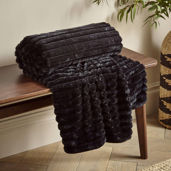Cosy Ribbed Faux Fur Throw Black - Ideal