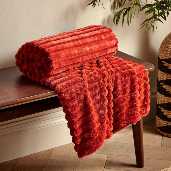 Cosy Ribbed Faux Fur Throw Burnt Orange - Ideal
