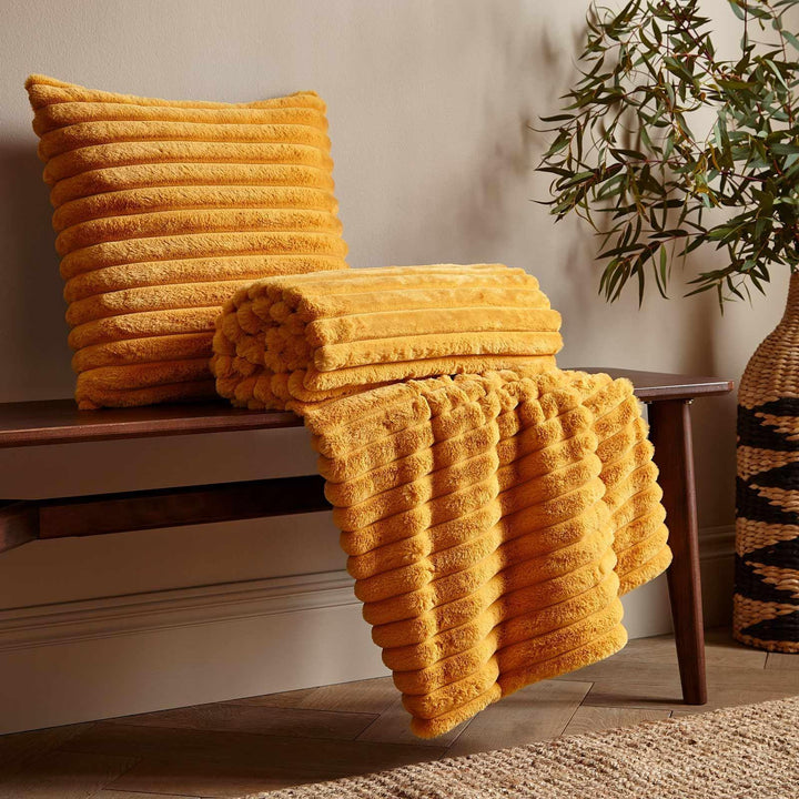 Cosy Ribbed Faux Fur Throw Mustard - Ideal