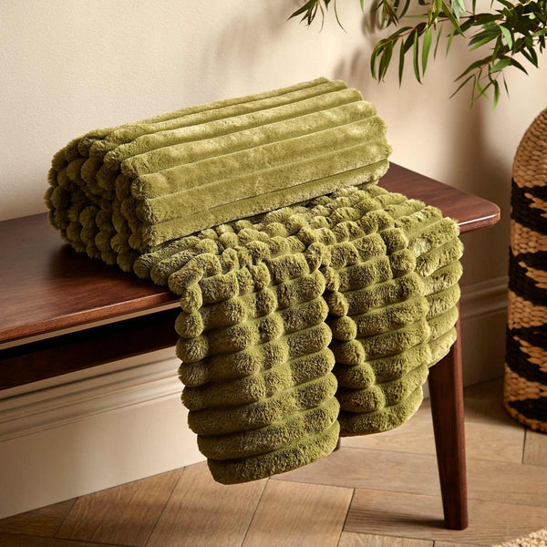 Cosy Ribbed Faux Fur Throw Olive Green - Ideal